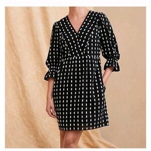 Garnet Hill 100% Organic Cotton Black V Neck Embroidery Clip Dot 3/4 Sleeve Sz 8